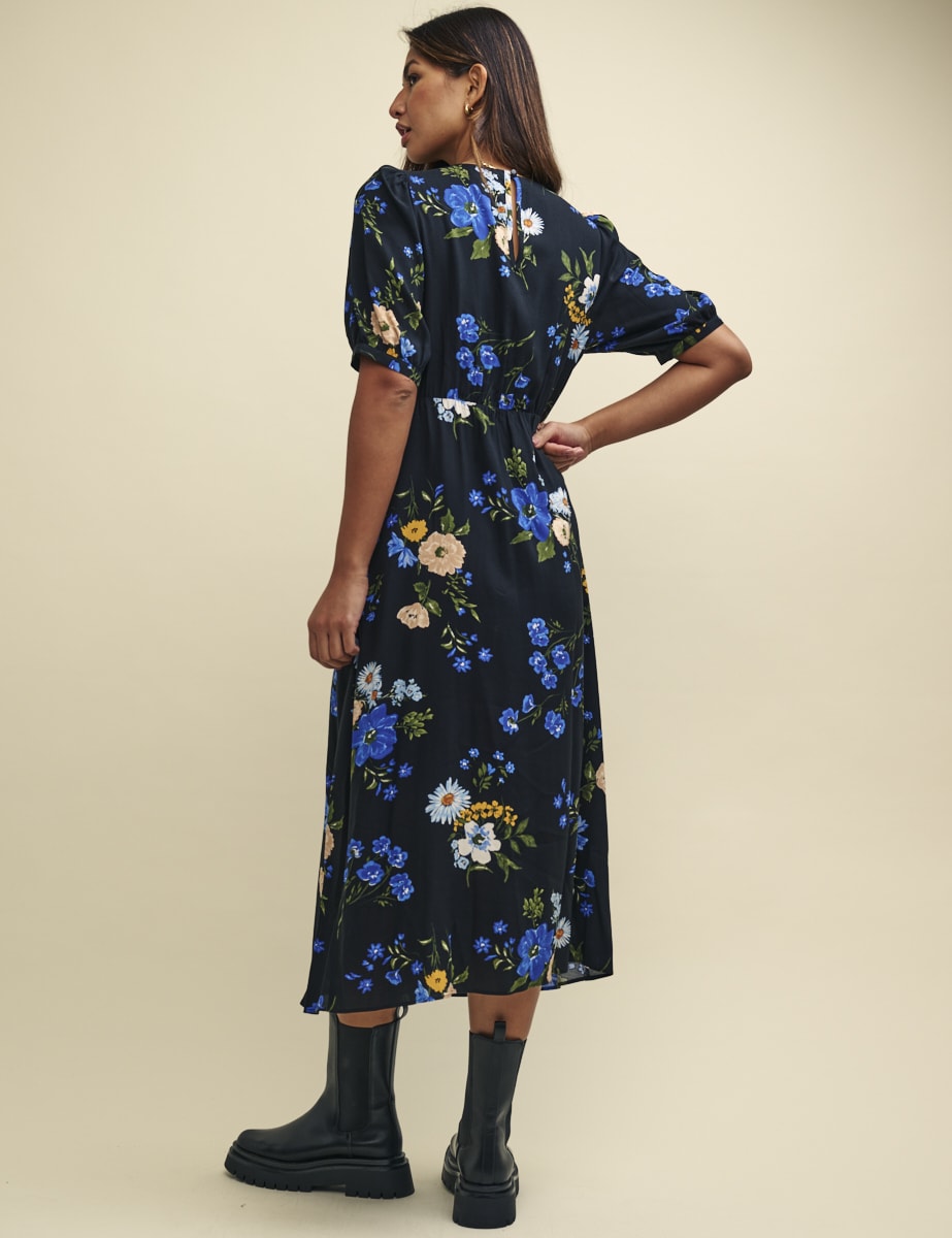 Black Floral Puff Sleeve Bonnie Midi Dress