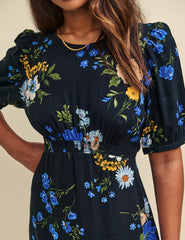 Black Floral Puff Sleeve Bonnie Midi Dress