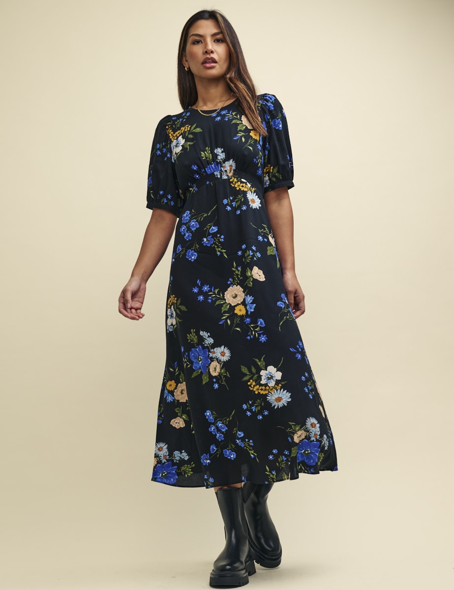 Black Floral Puff Sleeve Bonnie Midi Dress