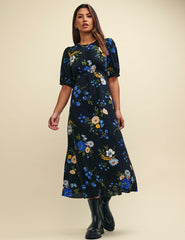 Black Floral Puff Sleeve Bonnie Midi Dress