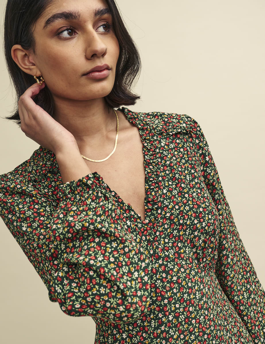 Petite Green Floral Balloon Sleeve Daphne Midi Dress