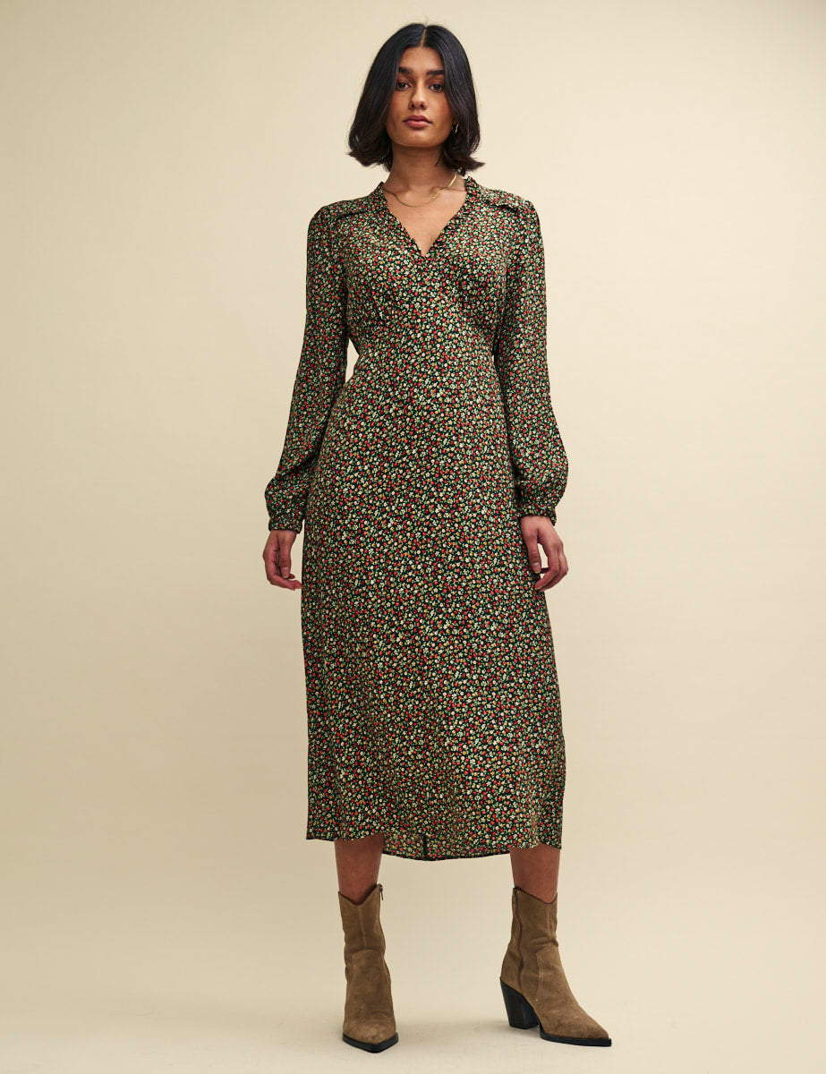 Petite Green Floral Balloon Sleeve Daphne Midi Dress