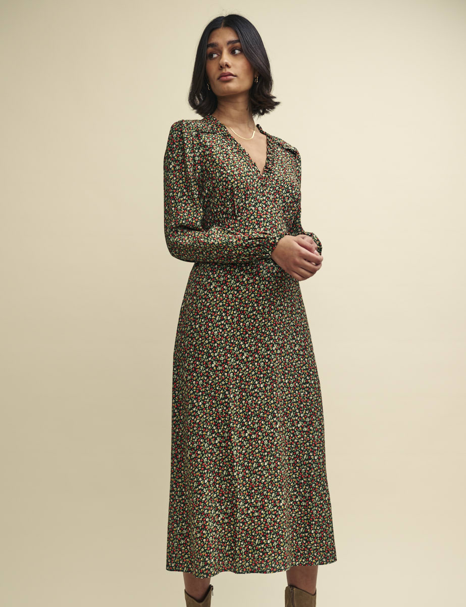 Petite Green Floral Balloon Sleeve Daphne Midi Dress