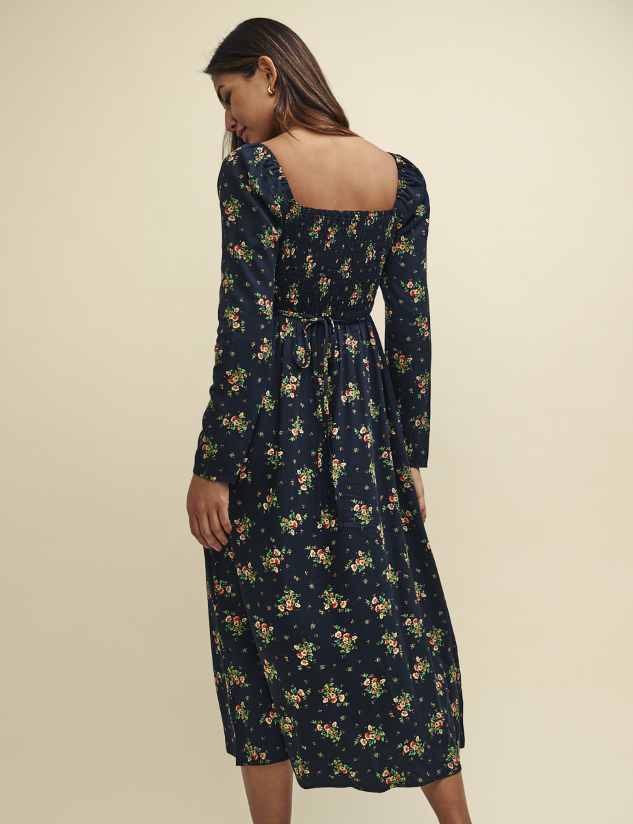 Petite Black Wildflower Shirred Bodice Liberty Midi Dress