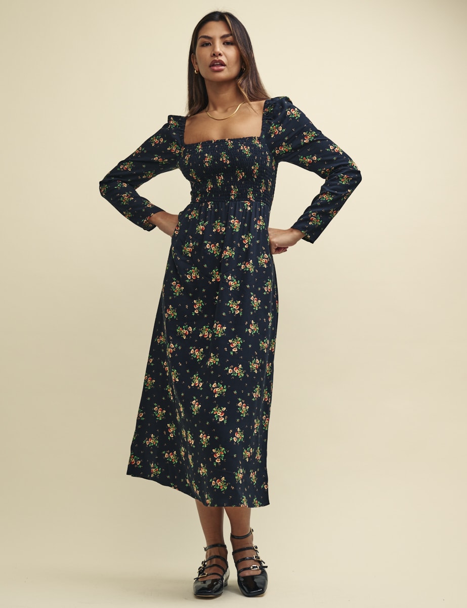 Black Wildflower Shirred Bodice Liberty Midi Dress