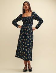 Black Wildflower Shirred Bodice Liberty Midi Dress