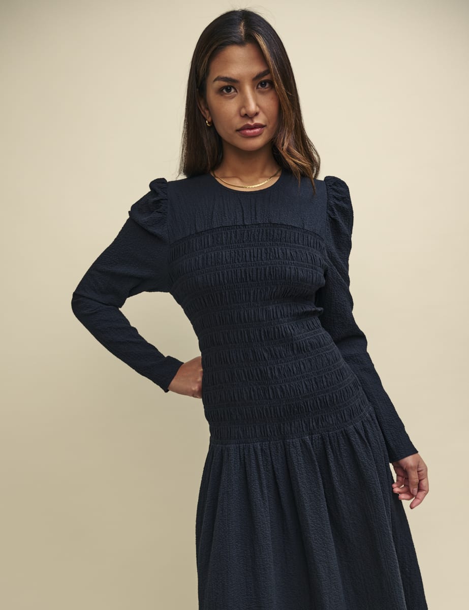 Black Shirred Dropped Waist Gracie Midi Dress