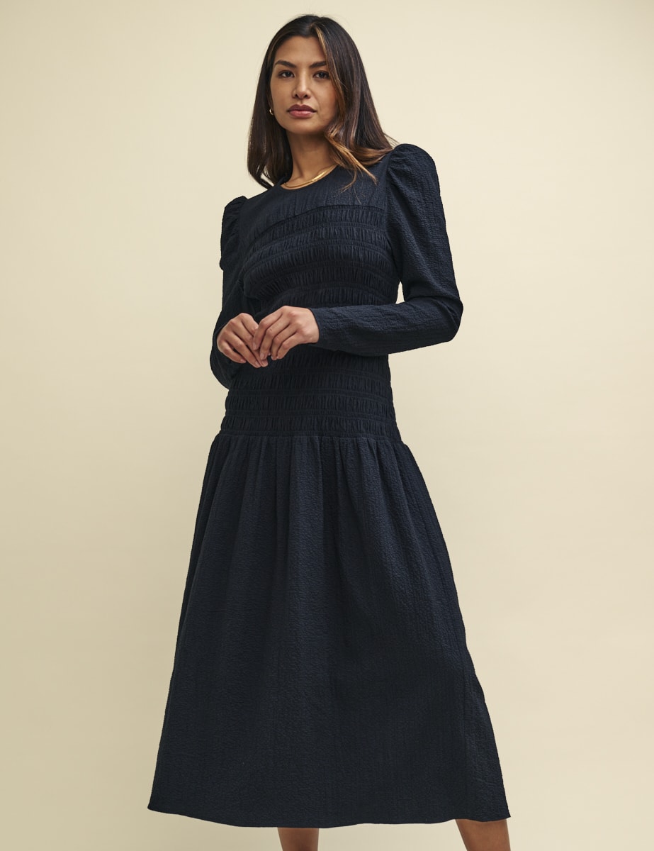 Black Shirred Dropped Waist Gracie Midi Dress