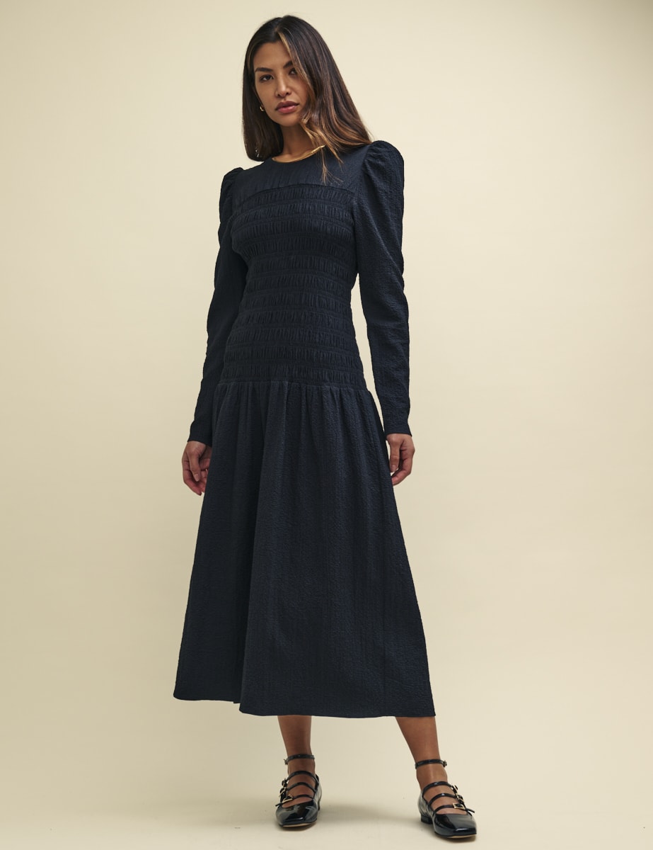 Black Shirred Dropped Waist Gracie Midi Dress