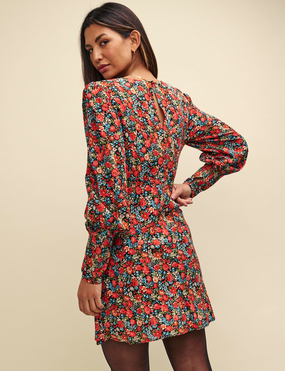 Red Floral Balloon Sleeve Maggie Mini Dress