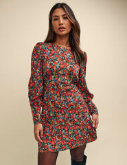 Red Floral Balloon Sleeve Maggie Mini Dress