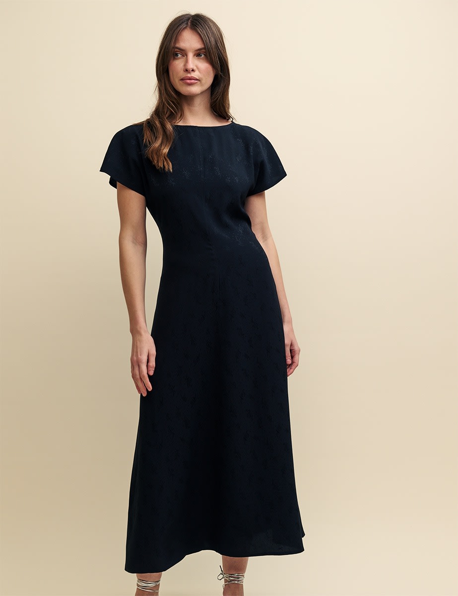Black Satin Jacquard Selma Midi Dress