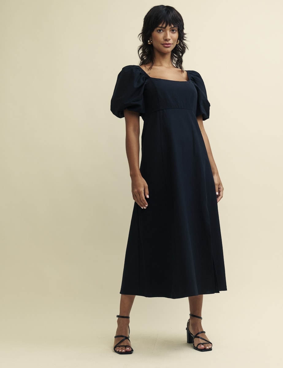 Black Puff Sleeve Henri Midi Dress