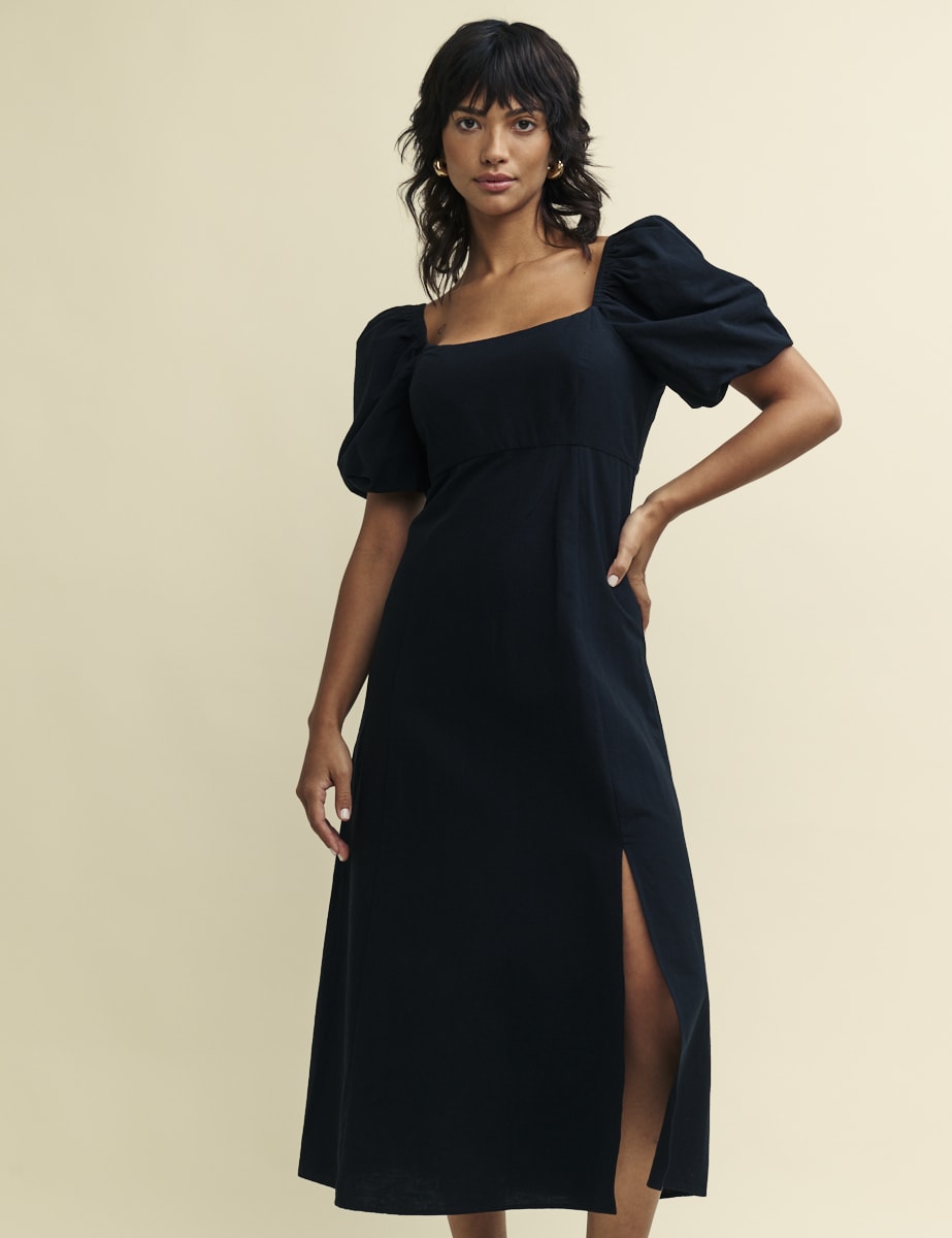 Black Puff Sleeve Henri Midi Dress