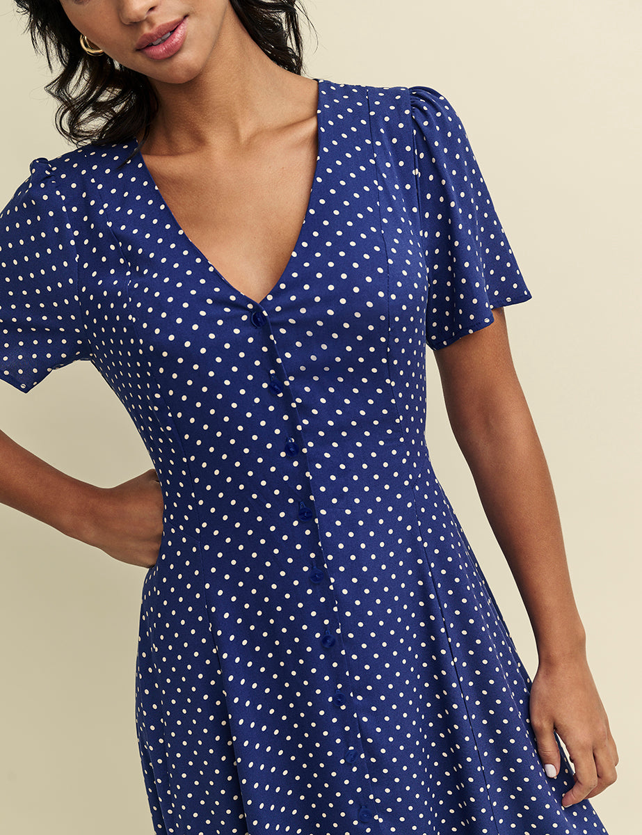 Navy Polka Dot Print Ellen Midi Dress