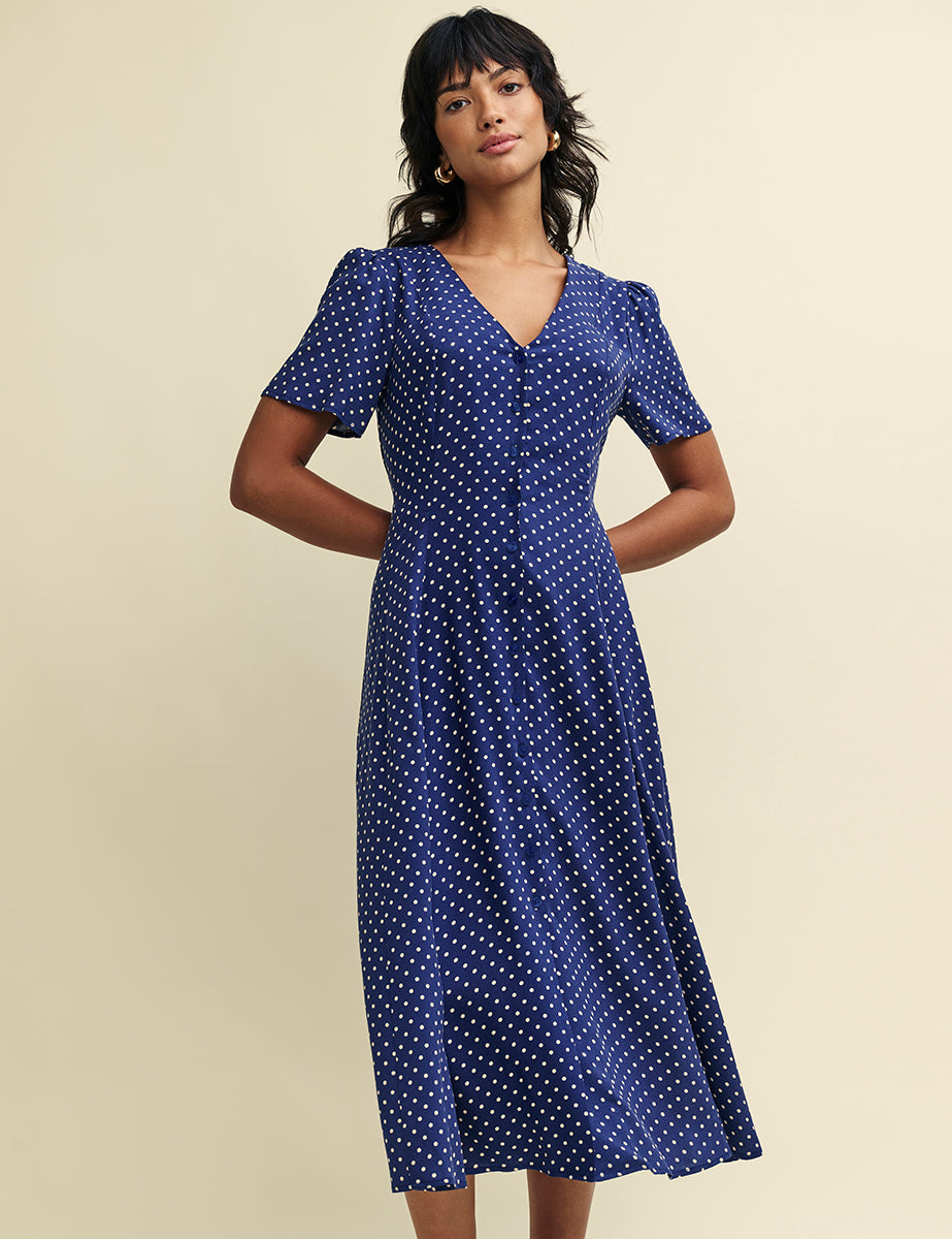 Navy Polka Dot Print Ellen Midi Dress