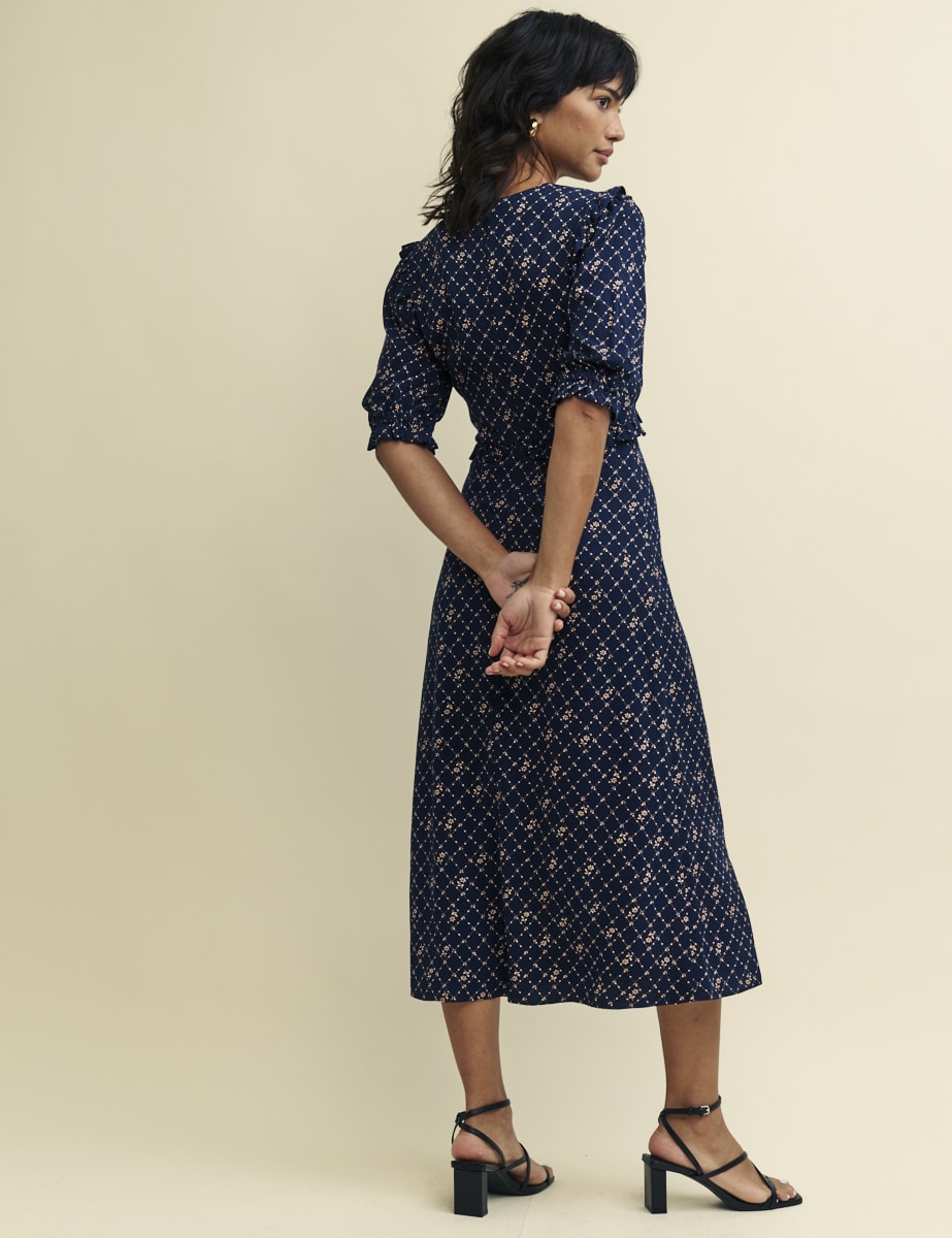 Navy Floral Trellis Print Felicia Midi Dress