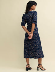 Navy Floral Trellis Print Felicia Midi Dress