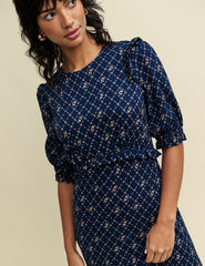 Navy Floral Trellis Print Felicia Midi Dress