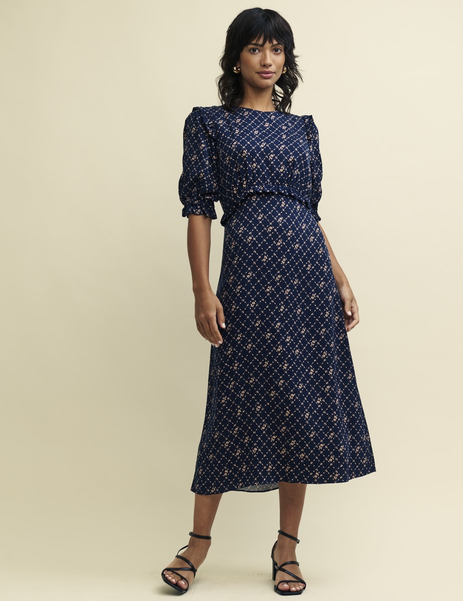 Navy Floral Trellis Print Felicia Midi Dress