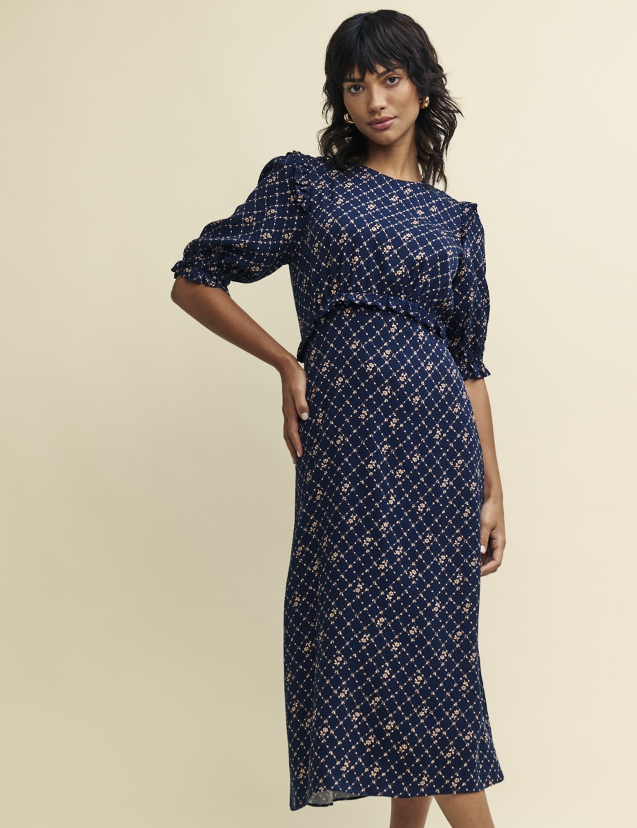 Navy Floral Trellis Print Felicia Midi Dress