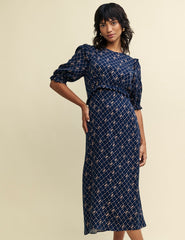 Navy Floral Trellis Print Felicia Midi Dress