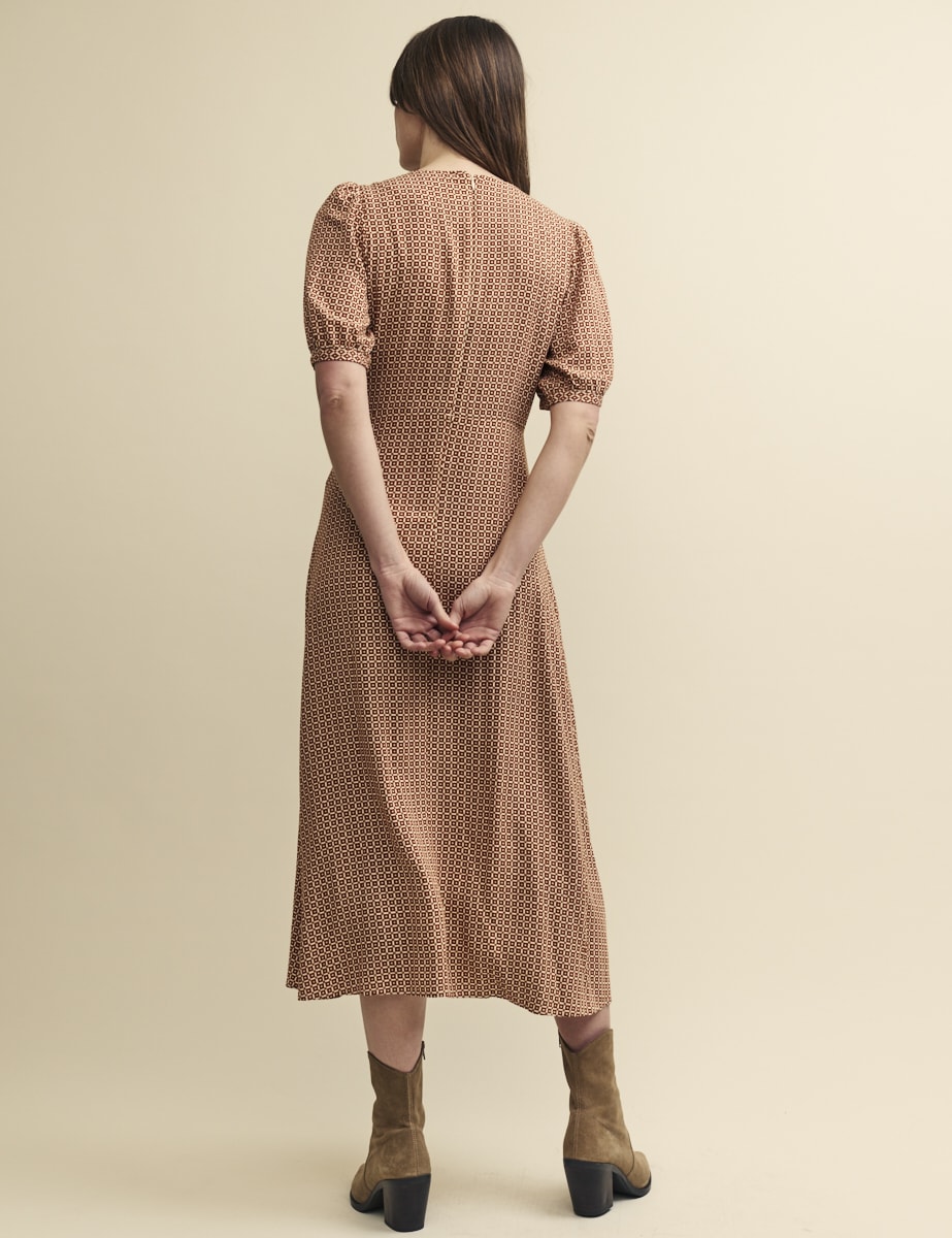 Brown Geometric Print Puff Sleeve Bonnie Midi Dress