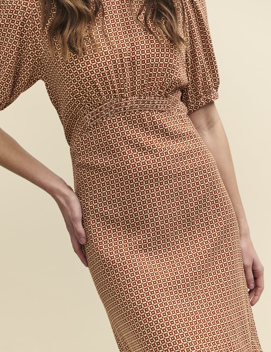 Brown Geometric Print Puff Sleeve Bonnie Midi Dress