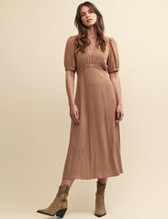 Brown Geometric Print Puff Sleeve Bonnie Midi Dress