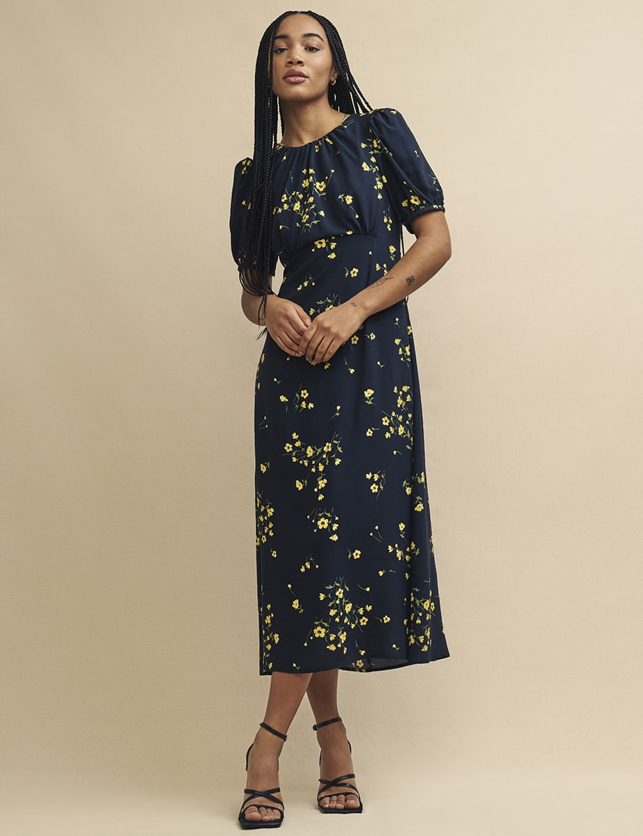 Black Floral Clover Midi Dress