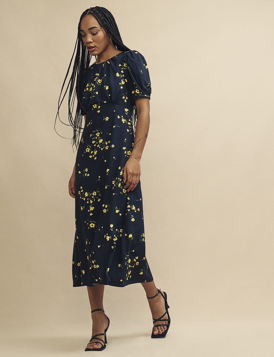 Black Floral Clover Midi Dress