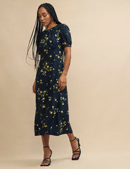 Black Floral Clover Midi Dress