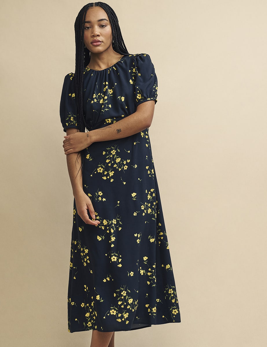 Black Floral Clover Midi Dress