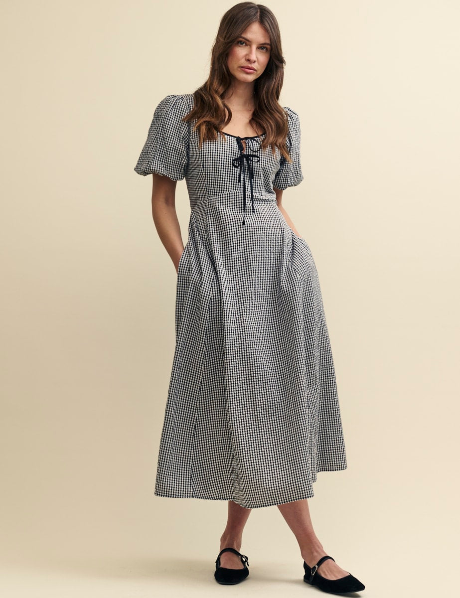 Black Gingham Tie Detail Bertie Midi Dress