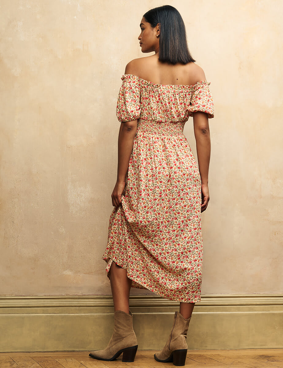 Cream Rose Print Genevieve Bardot Midi Dress