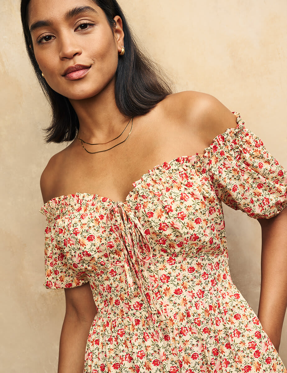 Cream Rose Print Genevieve Bardot Midi Dress