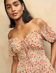 Cream Rose Print Genevieve Bardot Midi Dress