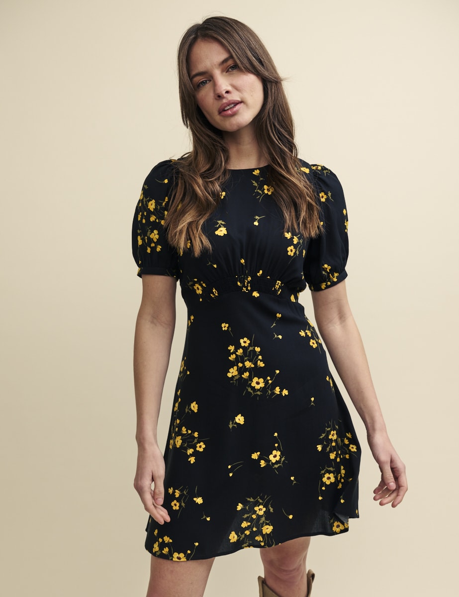 Black Floral Puff Sleeve Bonnie Mini Dress