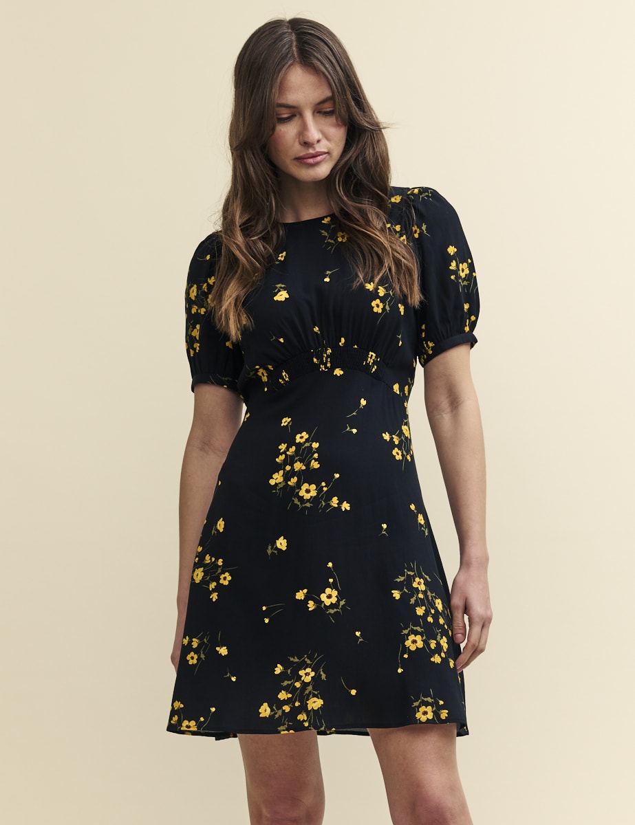 Black Floral Puff Sleeve Bonnie Mini Dress