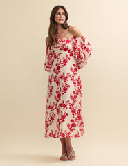 Red Floral Bardot Maxine Midi Dress