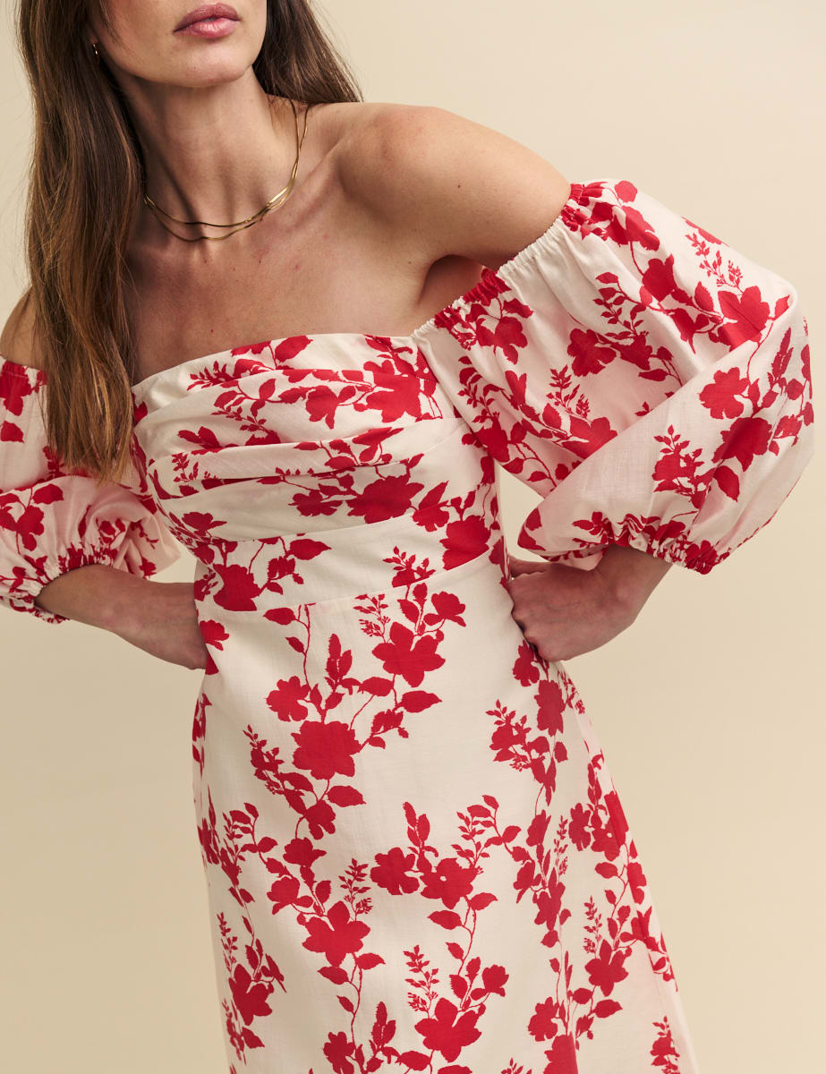 Red Floral Bardot Maxine Midi Dress