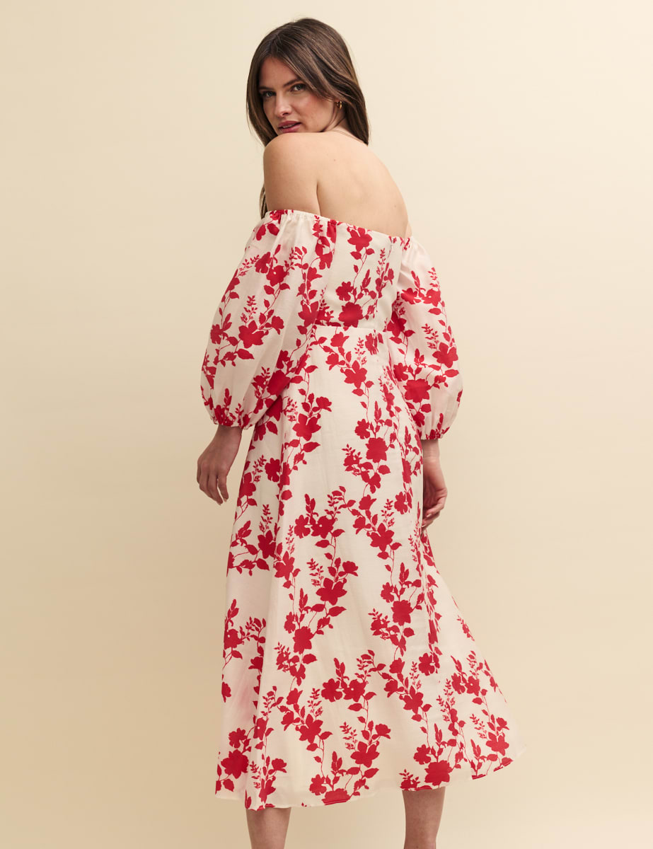 Red Floral Bardot Maxine Midi Dress