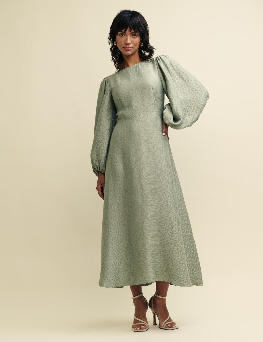 Sage Green Balloon Sleeve Zola Midaxi Dress