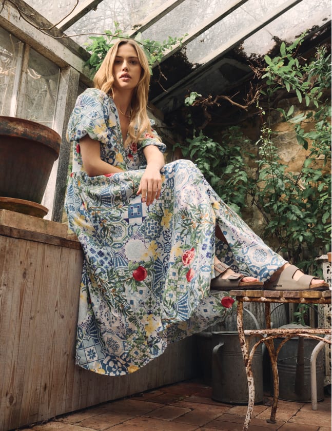 Blue Floral Tile Print Starlight Midi Dress