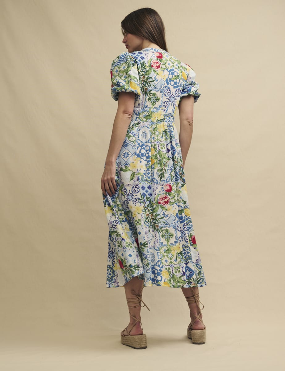 Blue Floral Tile Print Starlight Midi Dress