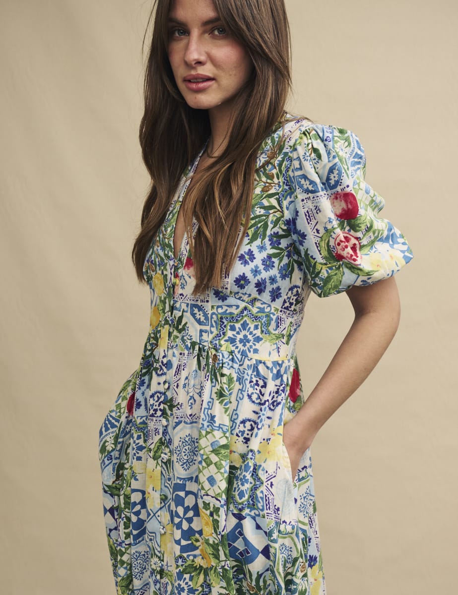 Blue Floral Tile Print Starlight Midi Dress