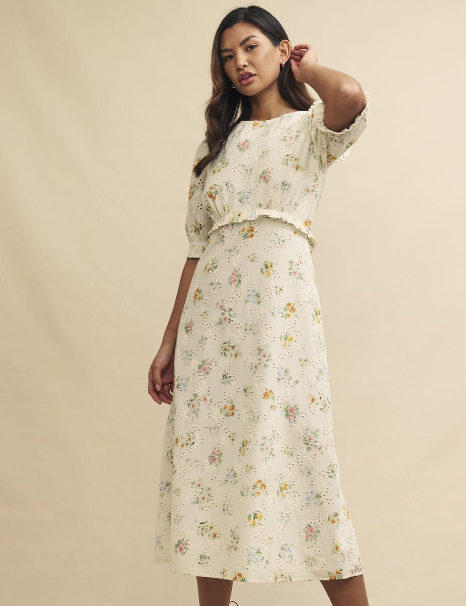 White Floral Broderie Felicia Midi Tea Dress