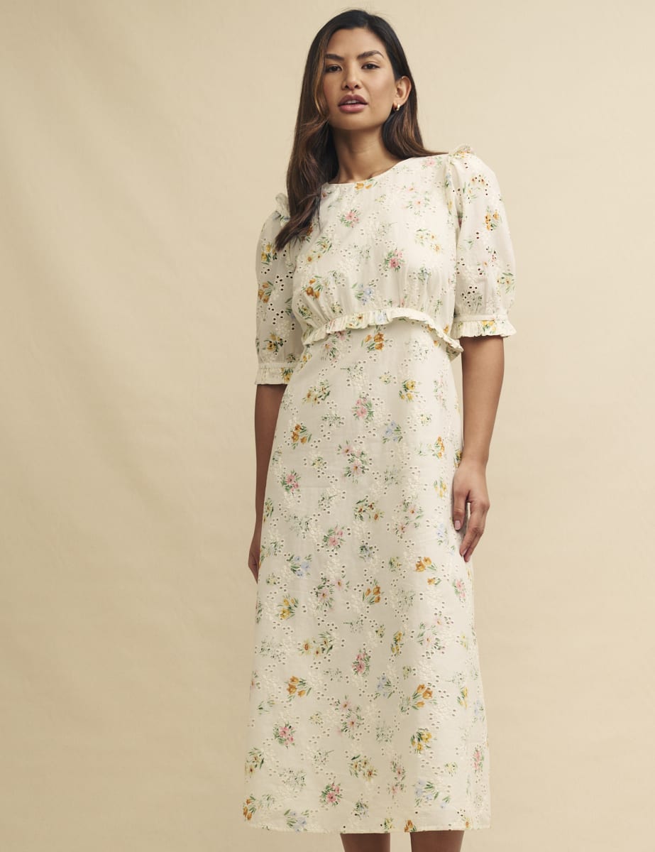White Floral Broderie Felicia Midi Tea Dress