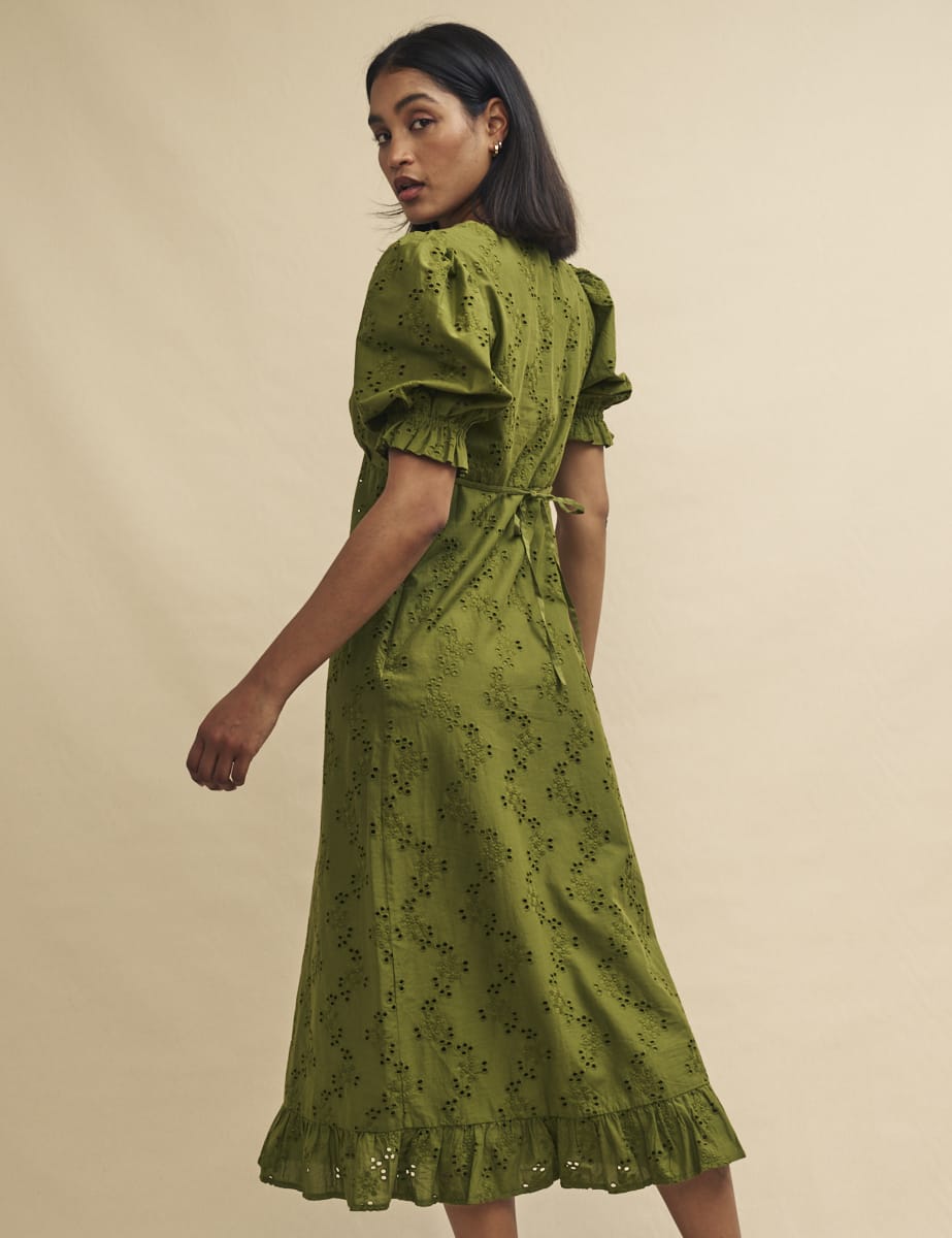 Olive Green Broderie Delilah Midi Tea Dress
