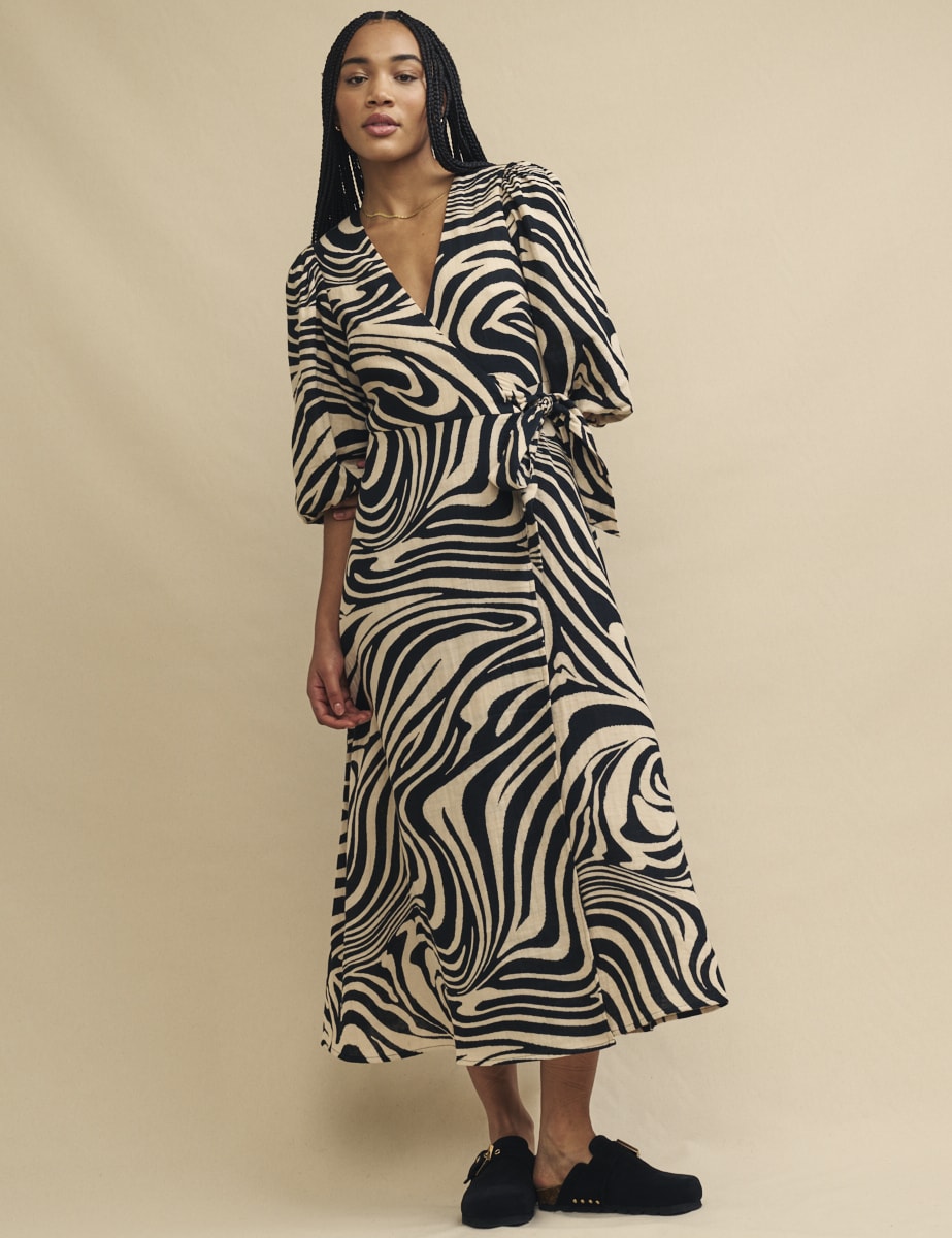 Black Swirl Print Regan Wrap Midi Dress